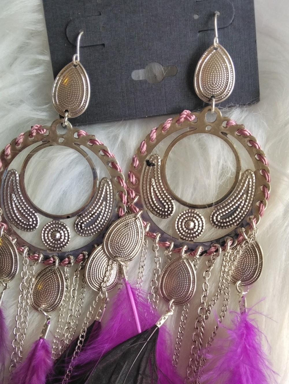 Boho Silver and Purple Feather Drop Earrings - Unbranded - Picture 4 of 5